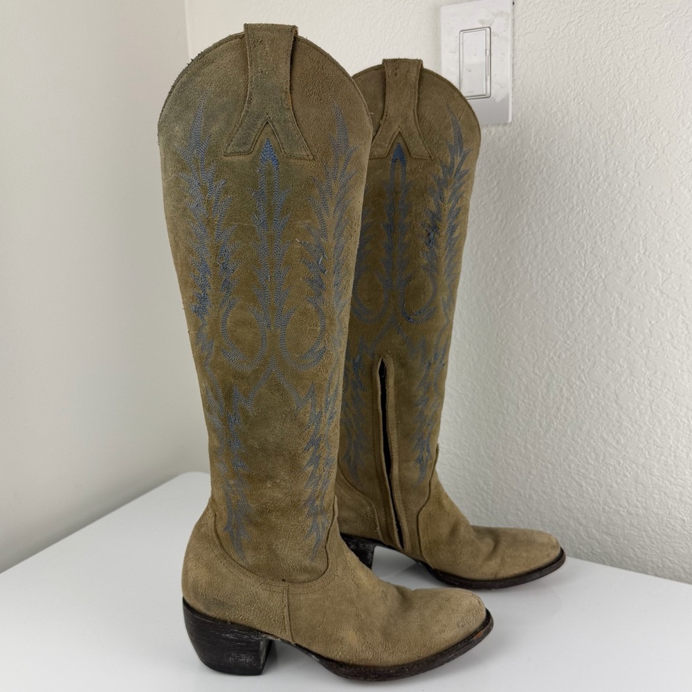 Old Gringo Myra Knee Height Cowboy Leather Suede Tan Blue Embroidered Boots 6